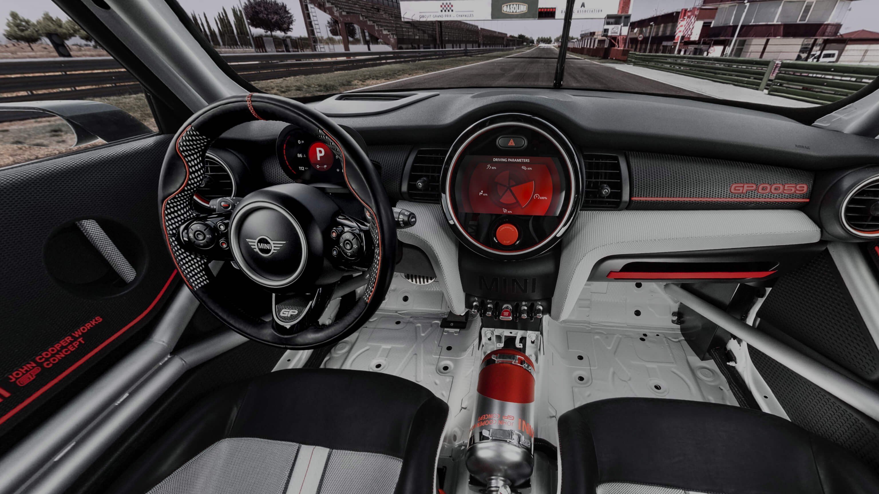 MINI John Cooper Works GP Concept – cockpit interior – white racing-car bodyshell and black leather